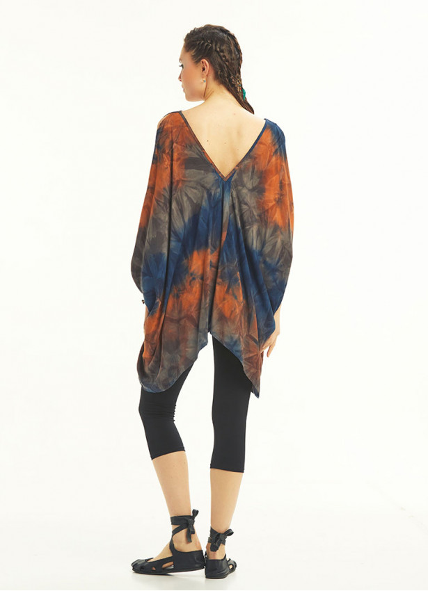 Boat Neck Loose Open Shoulder Blue Dye Blouse